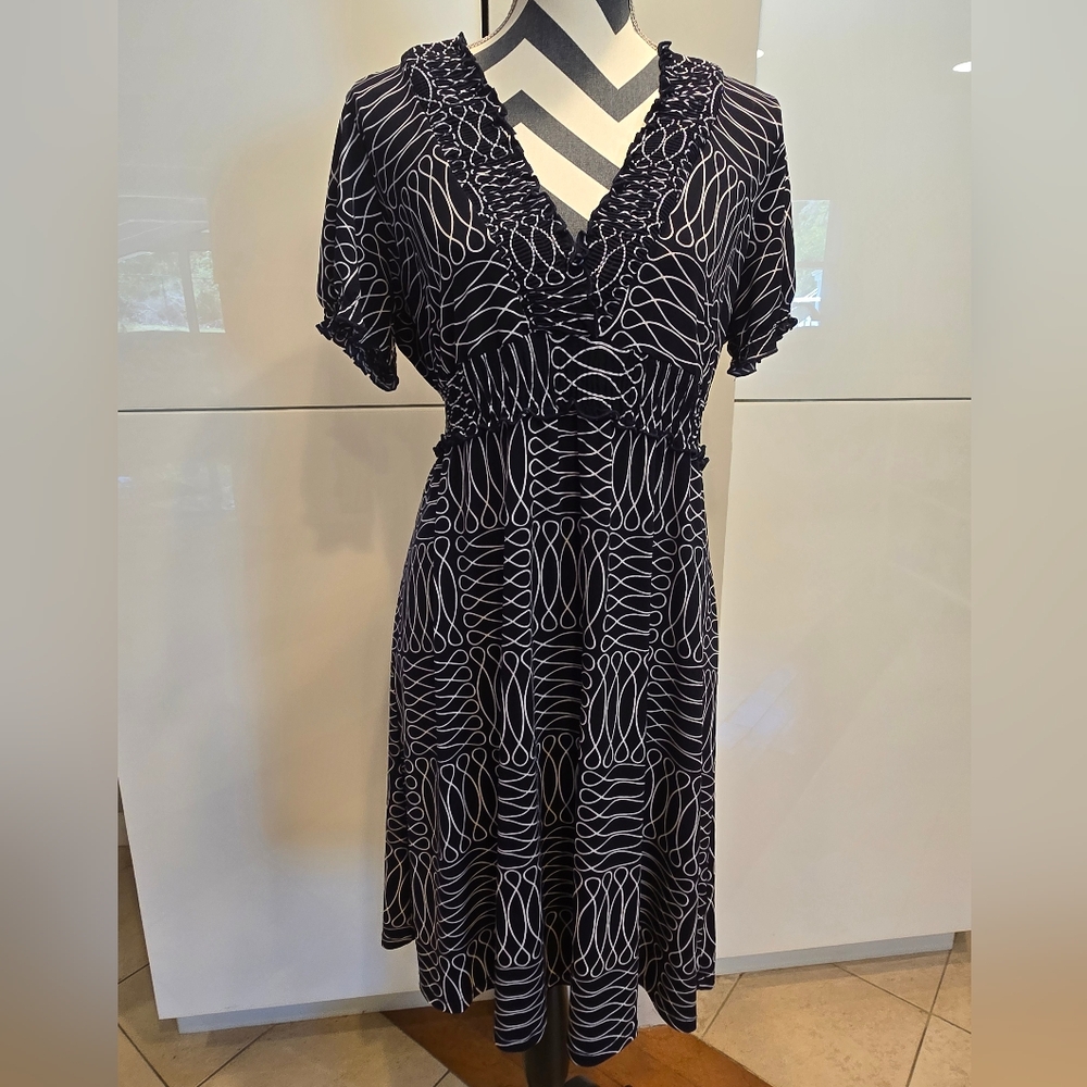 Navy and White Patterned Dress.  Size 12P
